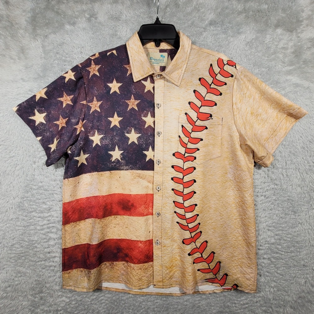 Royaura Baseball Flag Hawaiian Shirt Mens Large‎ Multicolor Patriotic Print